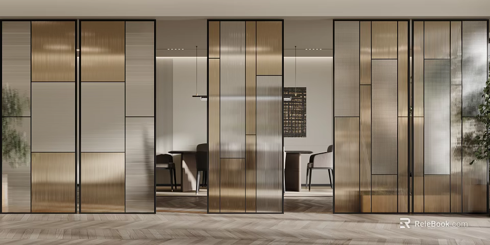 Modern Interior Room Divider With Glass Panels And Gold Metal Frames For Space Separation 3d model 