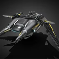 Sci-Fi Spaceship 3D Model Featuring Metallic Gray Body Yellow Accent Lines And Complex Structure