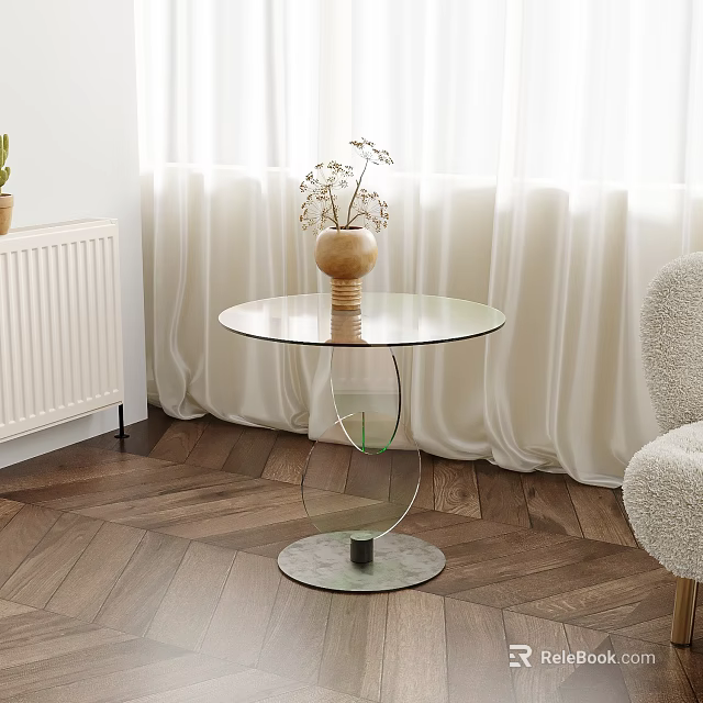 Modern Round Glass Top Side Table With Transparent Base And Green Accent 3d model 