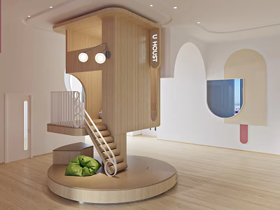 Kindergarten Interior Design With Wooden Staircase Circular Play Area And Green Plant 3d model