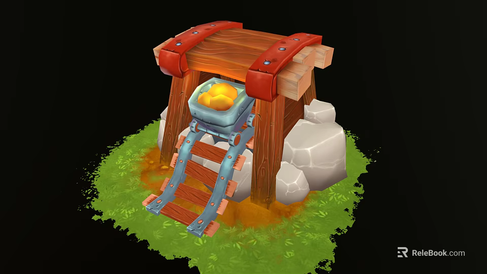 Cartoon Mining Forge With Wooden Structure Red Leather Straps And Glowing Blue Container 3d model