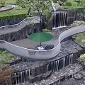 Scenic Park Landscape Featuring Stepped Waterfalls Lush Green Trees Shrubs And Green Umbrella