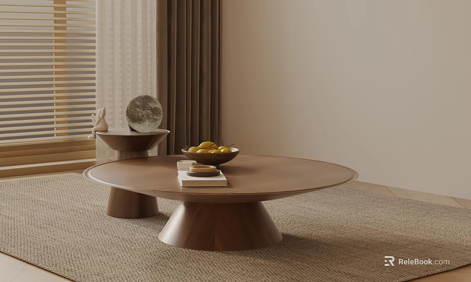 Modern Minimalist Sofa and Coffee Table Set With Wooden Round Table And Fruit Bowl 3d model 