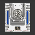 Futuristic Mechanical Component With Square Frame Circular Lens And Blue Strips
