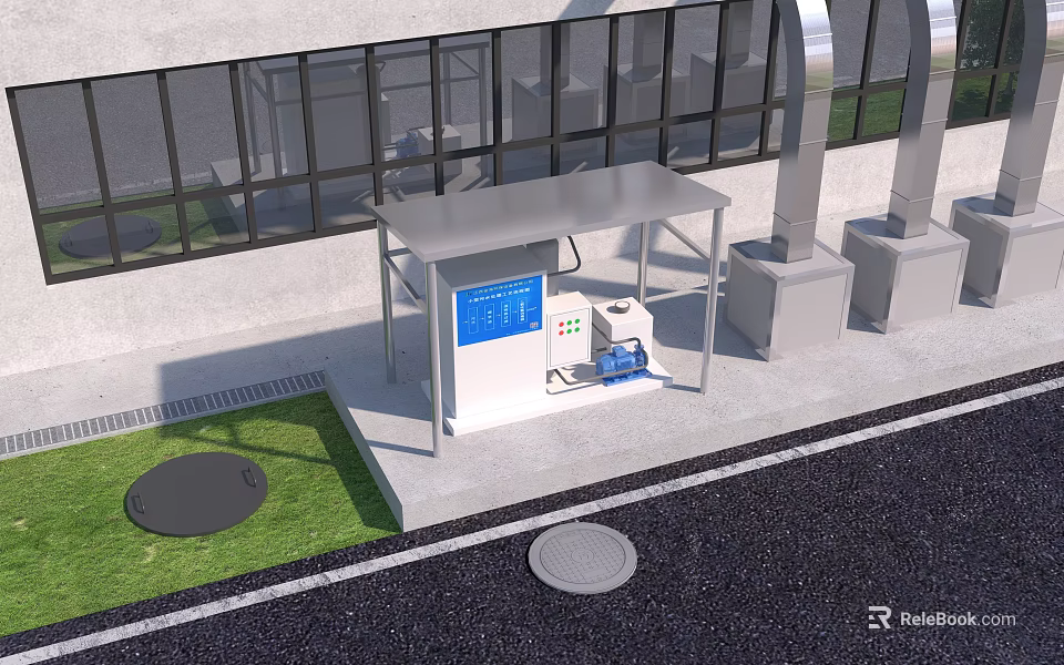 Outdoor Kiosk With Blue Screen And Equipment Near Building Grass And Road 3d model 