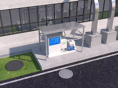 Outdoor Kiosk With Blue Screen And Equipment Near Building Grass And Road 3d model