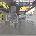 Vibrant Food Court Interior With Neon Signs Shop Counters And Menu Displays