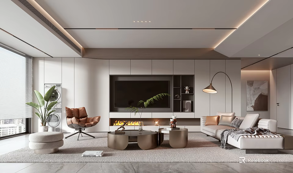 Modern Living Room Interior Design With TV Wall Fireplace Sofa Armchair Coffee Tables And Plants 3d model 