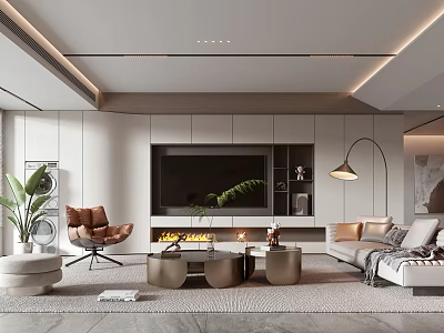 Modern Living Room Interior Design With TV Wall Fireplace Sofa Armchair Coffee Tables And Plants 3d model