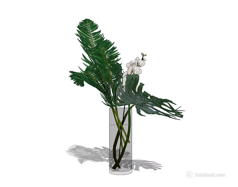 Transparent Glass Vase With Green Monstera Palm Leaves And White Orchid Flowers 3d model 