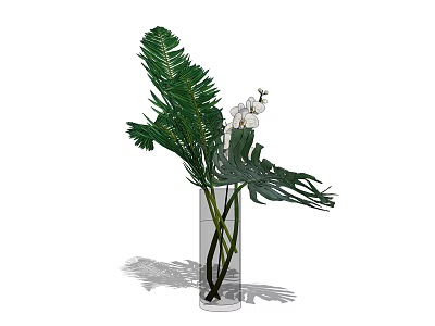 Transparent Glass Vase With Green Monstera Palm Leaves And White Orchid Flowers 3d model