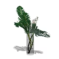 Transparent Glass Vase With Green Monstera Palm Leaves And White Orchid Flowers