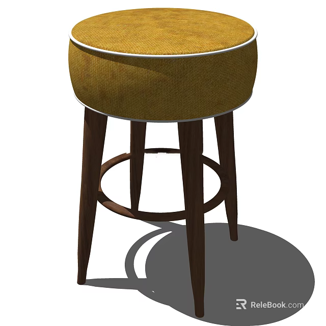 Yellow Fabric Upholstered Bar Stool with Dark Wooden Legs and Circular Base 3d model 