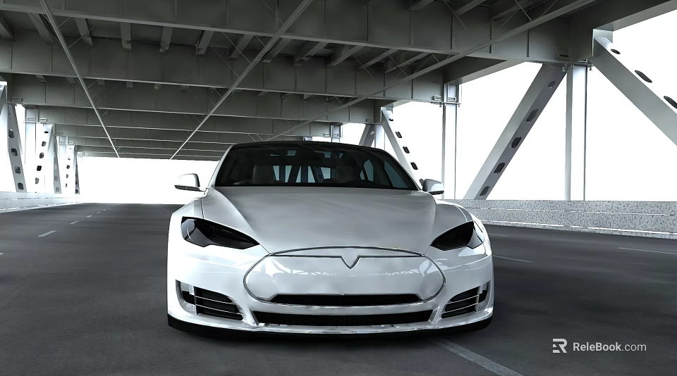 Silver Tesla Car Parked Under Modern Bridge Structure With Metal Frames 3d model 