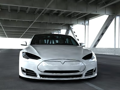 Silver Tesla Car Parked Under Modern Bridge Structure With Metal Frames 3d model
