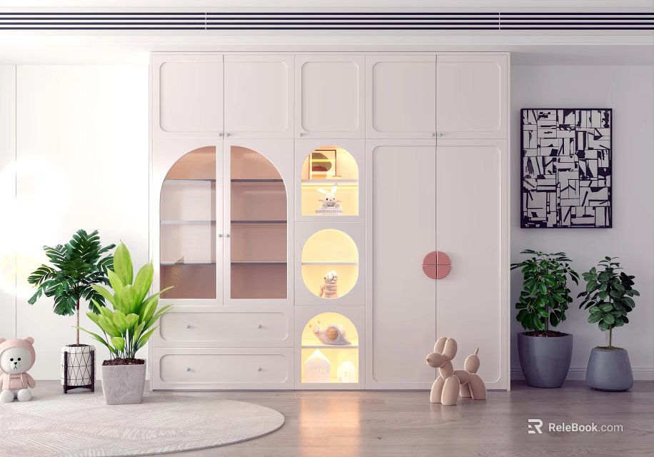Modern White Wardrobe With Arched Glass Doors Illuminated Interior Built In Drawers And Potted Plants 3d model 