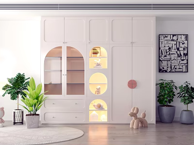 Modern White Wardrobe With Arched Glass Doors Illuminated Interior Built In Drawers And Potted Plants 3d model