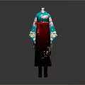 Traditional Japanese Kimono With Teal Sleeves Red Obi And Floral Patterns