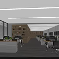 Modern Public Office Space With Workstations Computers Potted Plants Bookshelves And Large Windows 3d model