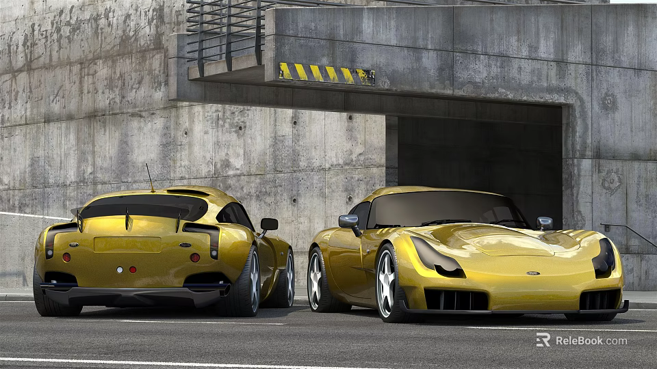 Two Yellow Sports Cars Parked Near Concrete Garage Entrance With Warning Stripes 3d model 