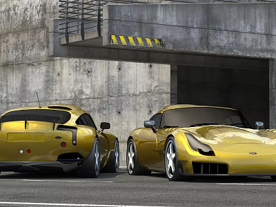 Two Yellow Sports Cars Parked Near Concrete Garage Entrance With Warning Stripes 3d model