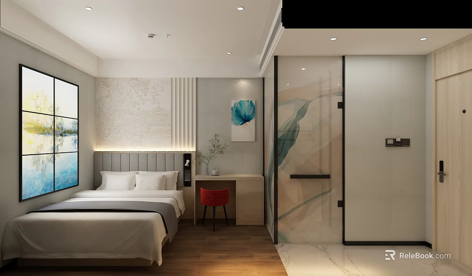 Modern Hotel Room Interior With White Bed Large Window Decorative Painting And Red Chair 3d model 