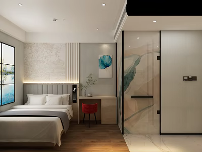 Modern Hotel Room Interior With White Bed Large Window Decorative Painting And Red Chair 3d model
