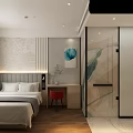 Modern Hotel Room Interior With White Bed Large Window Decorative Painting And Red Chair
