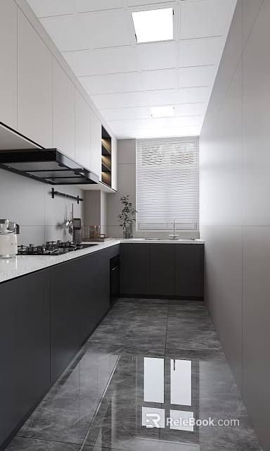 Modern Kitchen Interior Design With White Countertop Cabinets Cooktop Range Hood Hanging Utensils And Blinds 3d model 