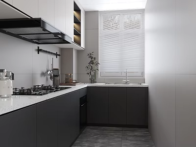 Modern Kitchen Interior Design With White Countertop Cabinets Cooktop Range Hood Hanging Utensils And Blinds 3d model