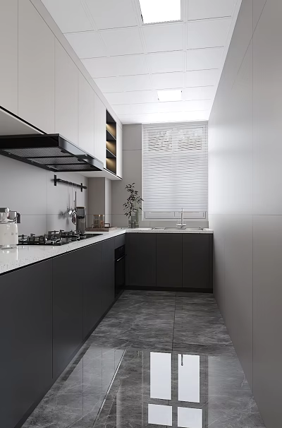 Modern Kitchen Interior Design With White Countertop Cabinets Cooktop Range Hood Hanging Utensils And Blinds 3d model