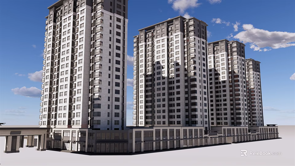 Modern High Rise Residential Buildings With Contemporary Facade Glass Windows Balconies And Blue Sky 3d model 