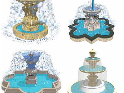 Ornate Multi tiered Fountains With Flower Shaped Bases And Waterfall Effects 3d model