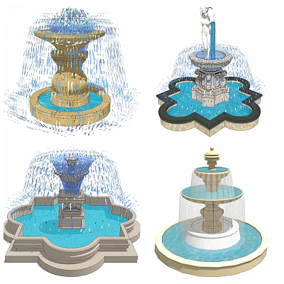 Ornate Multi tiered Fountains With Flower Shaped Bases And Waterfall Effects 3d model