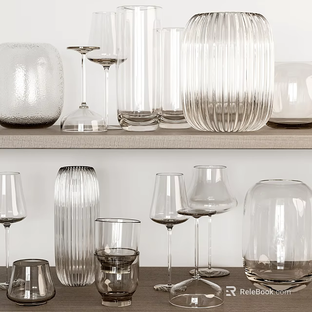 Transparent Wine Bottles And Wine Glasses Neatly Arranged On Two Wooden Shelves 3d model 