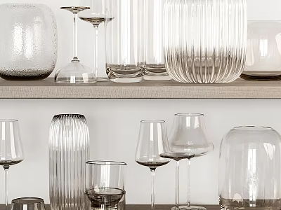 Transparent Wine Bottles And Wine Glasses Neatly Arranged On Two Wooden Shelves 3d model