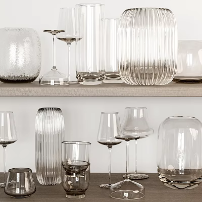 Transparent Wine Bottles And Wine Glasses Neatly Arranged On Two Wooden Shelves 3d model