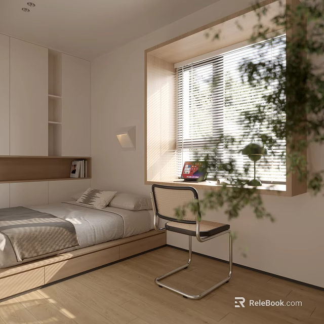Modern Tatami Bedroom Interior With Tatami Bed Window Blinds Bookshelf Chair And Green Plant 3d model 