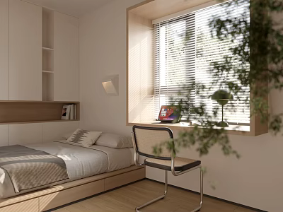 Modern Tatami Bedroom Interior With Tatami Bed Window Blinds Bookshelf Chair And Green Plant 3d model