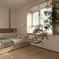 Modern Tatami Bedroom Interior With Tatami Bed Window Blinds Bookshelf Chair And Green Plant