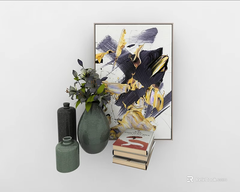 Decorative Ornament Set With Green Vase Books Abstract Painting And Plants 3d model 