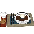 Complete Tableware Set with White Lidded Container Chopsticks Black Bowl and Plate on Woven Placemat
