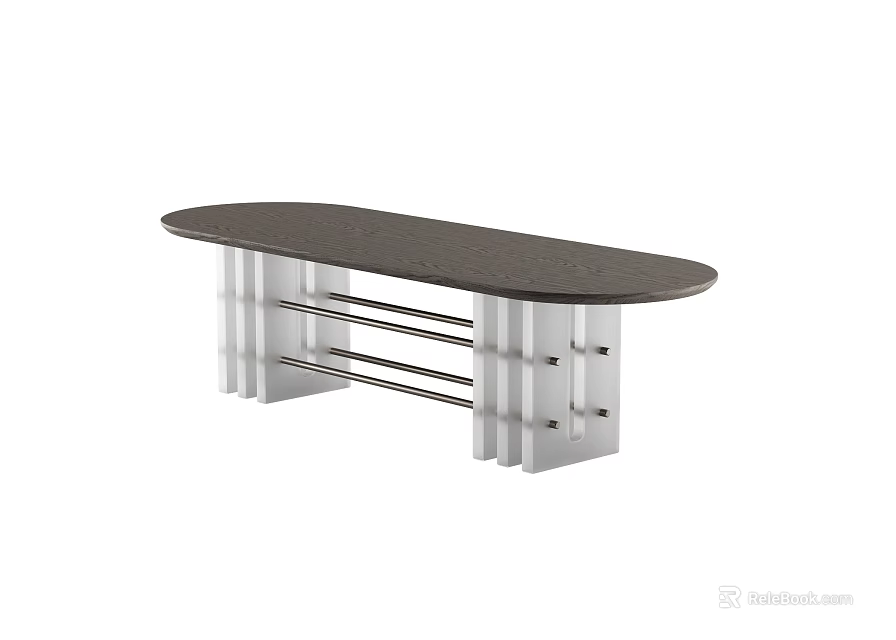 Dark Surface Oval Dining Table With White Legs And Metal Support Bars 3d model