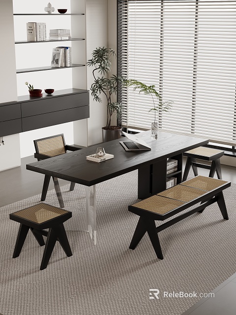 Serene Modern Tea Room Interior With Wooden Table Rattan Seats And Green Plants 3d model 