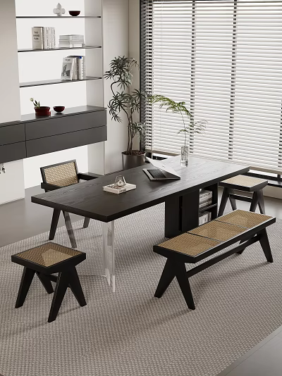 Serene Modern Tea Room Interior With Wooden Table Rattan Seats And Green Plants 3d model