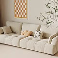 Beige Sectional Sofa With Plush Cushions Checkerboard Painting Green Plant And Curtains