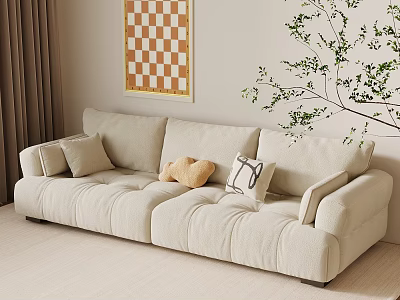 Beige Sectional Sofa With Plush Cushions Checkerboard Painting Green Plant And Curtains 3d model