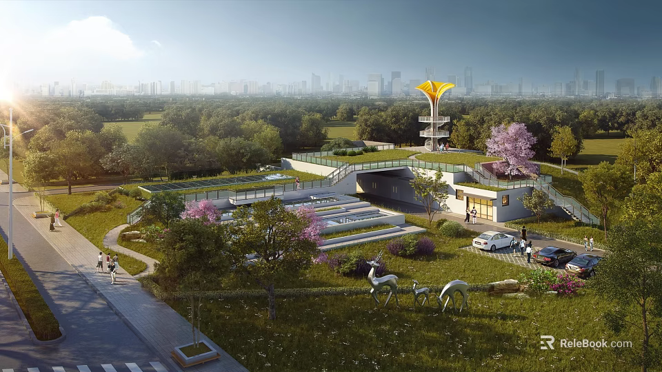 Modern Industrial Factory With Rooftop Garden Green Lawns Surrounding Trees And Urban Skyline 3d model 