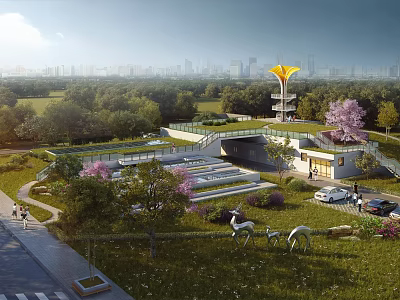 Modern Industrial Factory With Rooftop Garden Green Lawns Surrounding Trees And Urban Skyline 3d model
