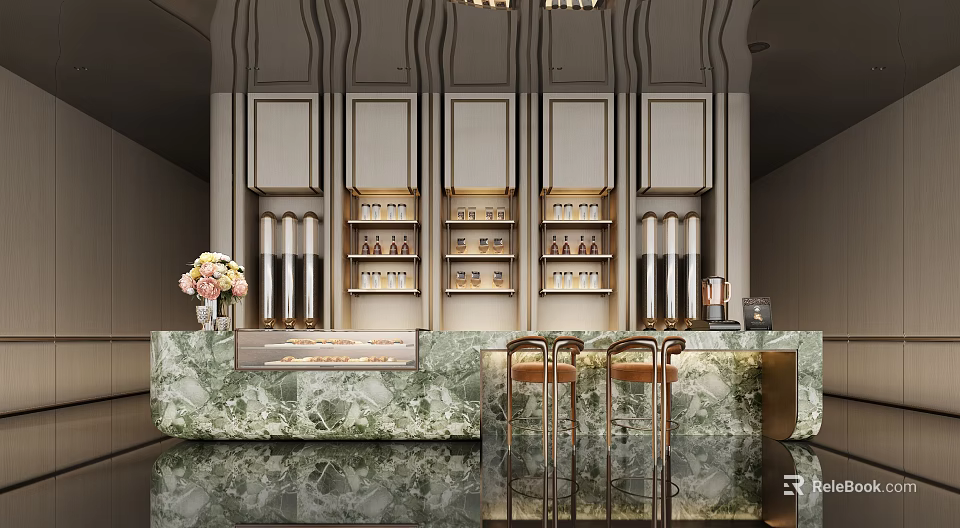 Modern Elegant Sales Office With Reception Desk Marble Countertop Golden Decorations Green Plants And Chandeliers 3d model 